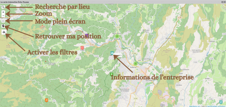 Exemple de projets environnementaux : la carte interactive Écho Pousse avec sa légende d'utilisation